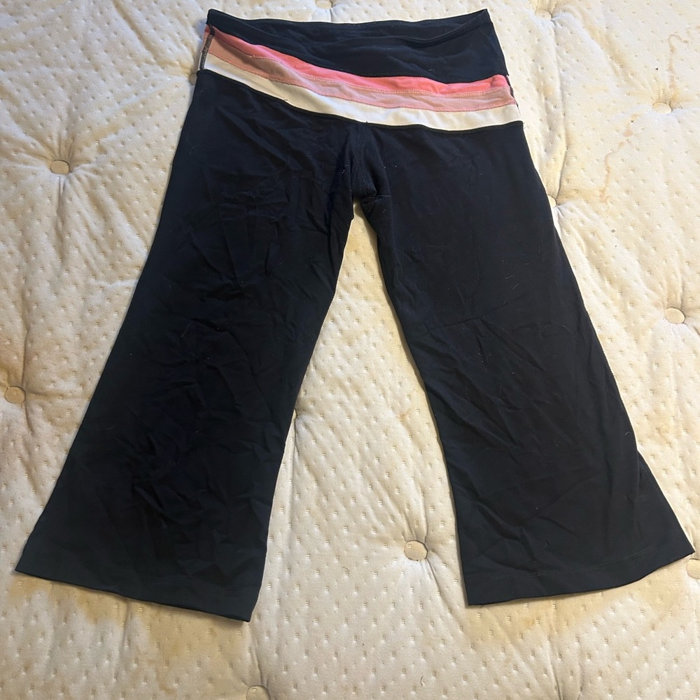Lululemon Athletica Black Capris with Pink and White Waistband